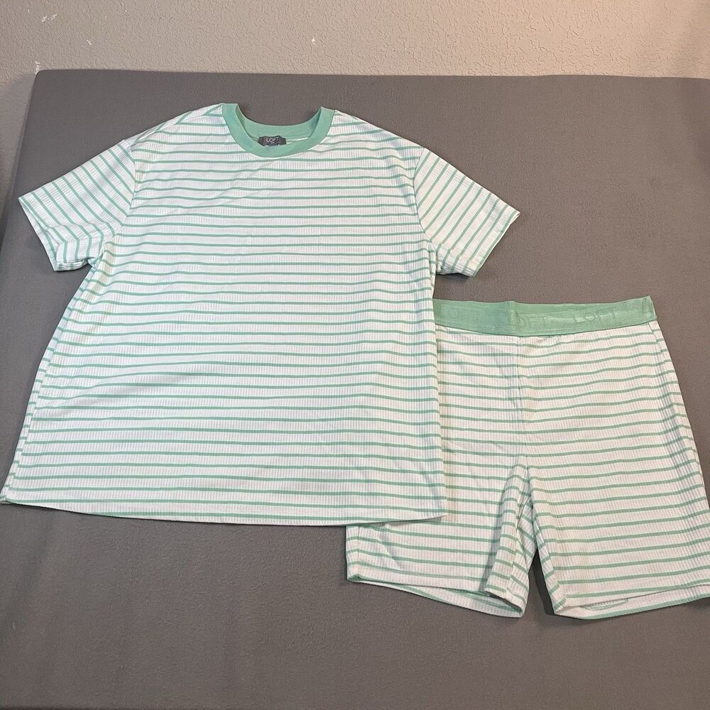 LOFT Women's 2-Piece Bike Short Pajama Set Size XL Green Striped Sleep Lounge